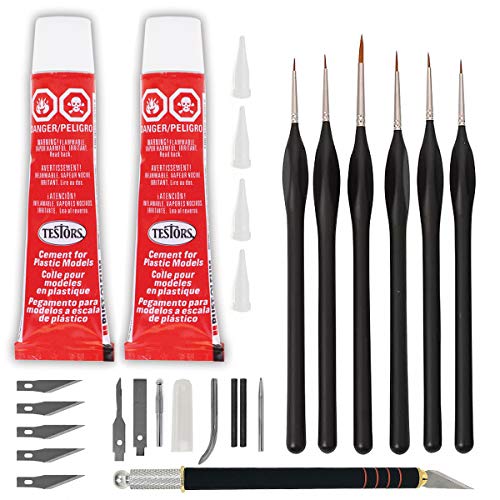 Testors Cement Plastic Model Glue Adhesive 2-Pack, 6 Fine Detail Miniatures Paint Brushes, Precision Crafting Knife with Extra Blades and Tips