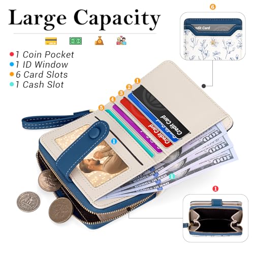 Image of BIAOTIE Wallet for Women Cute Floral Flower Wallet RFID Credit Card Holder Purse Small Bifold Zipper Coin Pocket Purse with ID Windows (Marine Blue)
