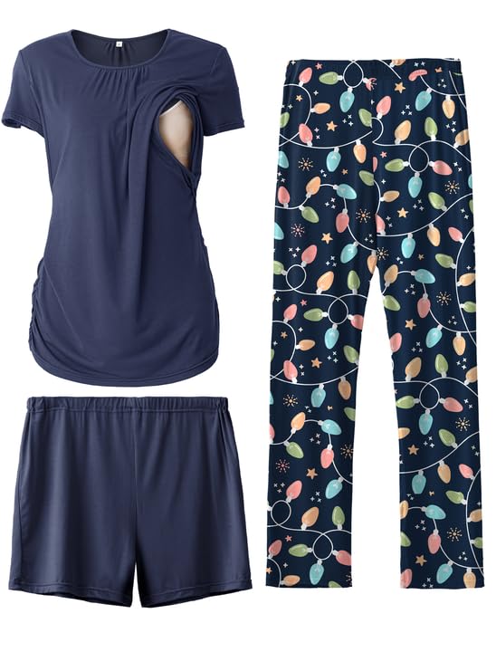 Image of SUNNYBUY Womens Maternity Nursing Pajamas Set, Short Sleeve Breastfeeding Shirts，Pregnancy Shorts & Pants 3 Piece Nursing PJS