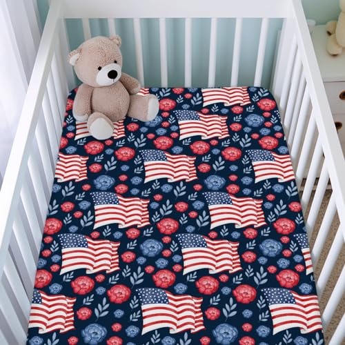 Image of American Flag Blue Red Floral Baby Crib Sheets for Boys Girls 52 inchx28 inch Patriotic 4th of July Independence Day Soft Breathable Toddler Nursery Bed Sheet for Standard Crib and Toddler Mattresses Navy