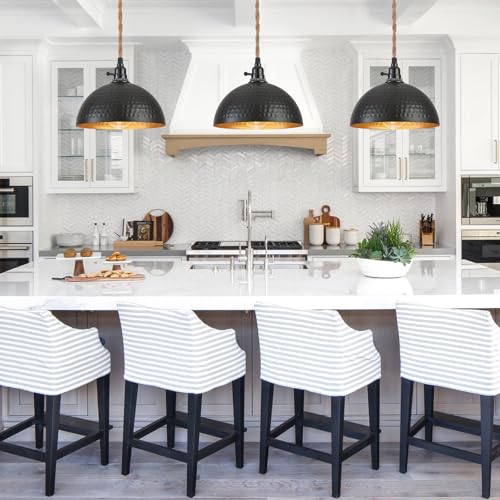 Image of 3 Light Plug in Pendant Lights Hammered Dome Hanging Lamp with Switch 22 Ft Long Hemp Rope Farmhouse Pndant Light Cord Lighting Fixture DIY Hanging Light