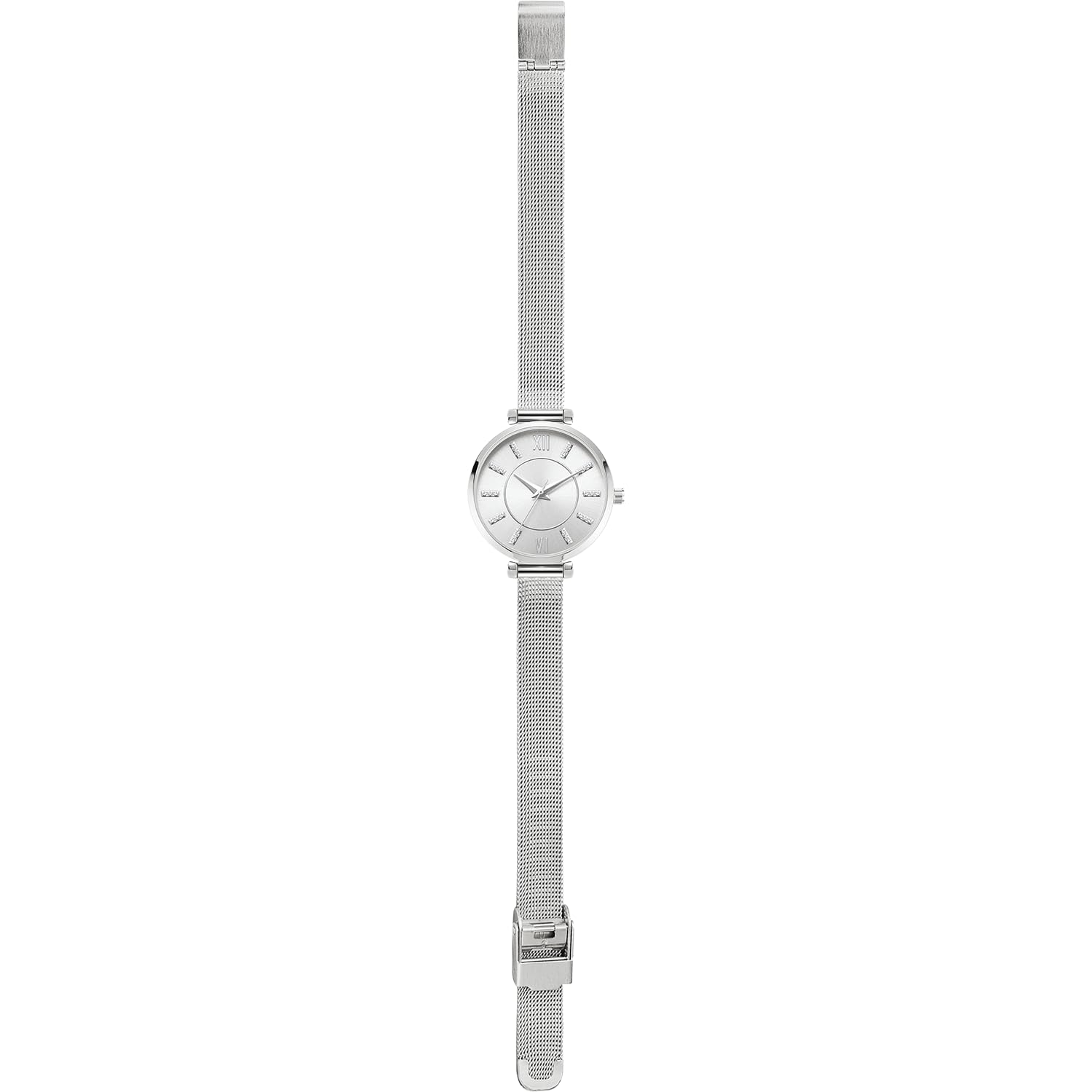 NUOVO Orologio argento con cristallo diamante, doppia fibbia di sicurezza, cinturino in rete alla moda ed elegante, Argentato, Moderno