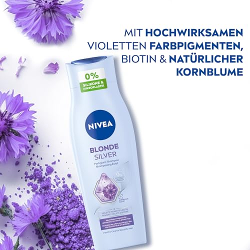 NIVEA Blonde Silver Farbglanz Shampoo, Silbershampoo frischt blondes, silbernes & graues Haar auf, pflegendes Haarshampoo mit violetten Farbpigmenten, Kornblume & Biotin (250ml)