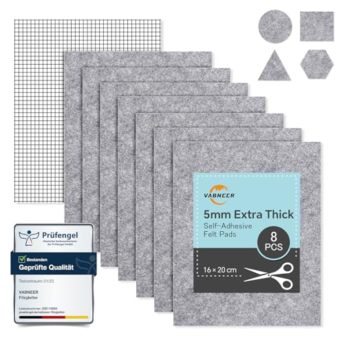 8 almohadillas de fieltro autoadhesivas (16 x 20 cm, 5 mm), fieltro punzonado de alta calidad para sillas y muebles, se puede cortar y amortiguar el ruido, protección silenciosa para suelos (gris)
