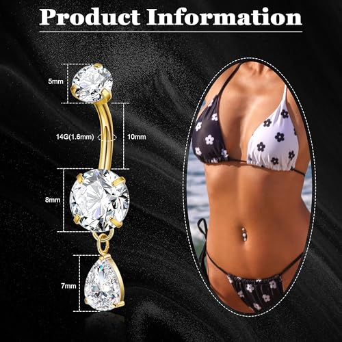 F136 Titanium Dangle Belly Button Ring for Women Dangling Navel Ring Hypoallergenic Teardrop Belly Rings Internally Threaded CZ Belly Piercing Jewelry 10MM3