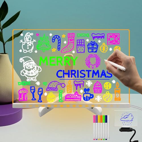 Pizarra acrílica de borrado en seco con soporte iluminado, marcadores LED de 7 colores, tablero de notas, tablero de notas, atenuación, menú de Navidad, cumpleaños, lista de tareas para el hogar,