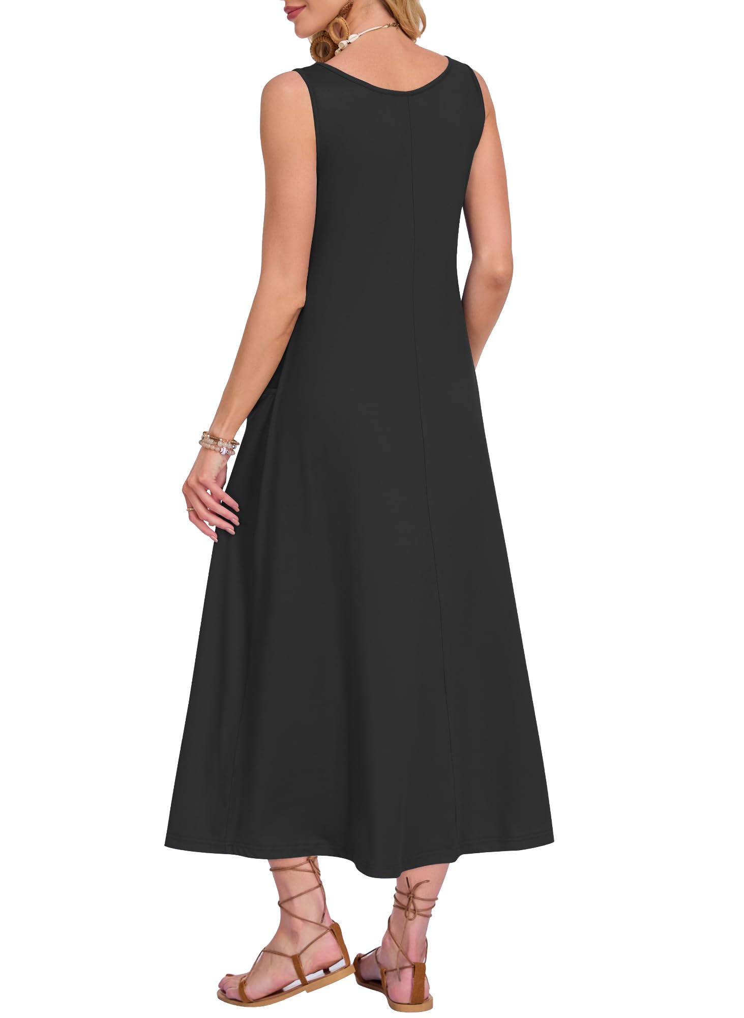 AUSELILY Vestido de Verano Mujer sin Mangas Corte en A Largo Maxi Informal con Cuello en U Holgado Ideal para la Playa y Vacaciones con Bolsillo