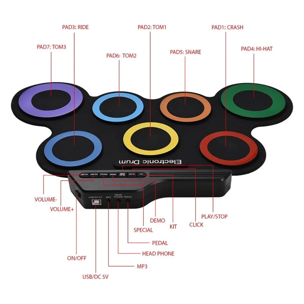 NEWFUN Batteria Elettronica Adulti, Tappetino Arrotolabile per Esercitarsi con 7 Drum Pad in Silicone con Mazzette e Pedale per Principianti