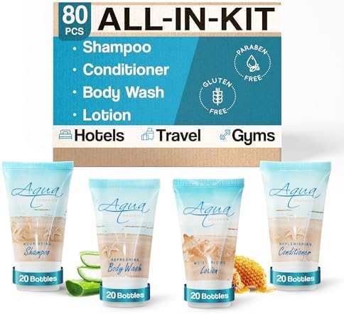 Aqua Organics Hotel Soaps & Toiletries Bulk Set | 1-Shoppe Amenities Kit | 1oz Shampoo & Conditioner, Body Wash, Lotion | Travel Size | 80 Pieces