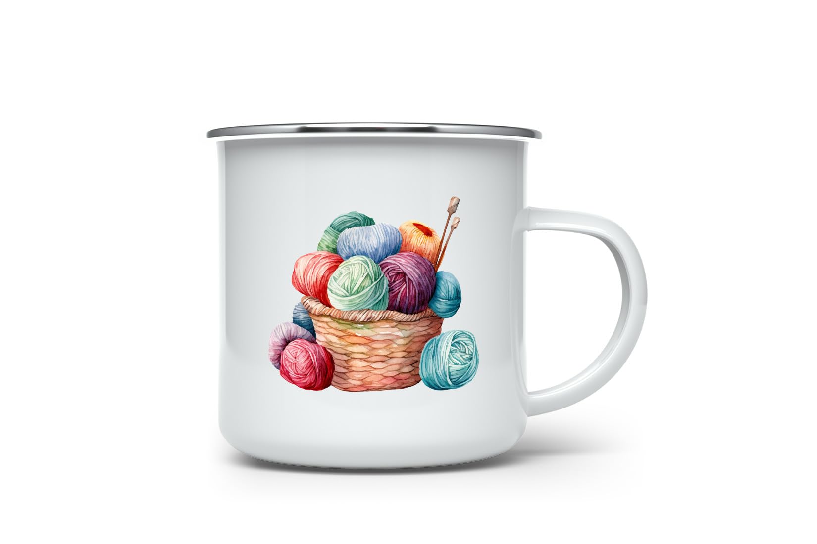 MAXIKIWI - Durable Enamel Coffee or Tea Camping Mug for Indoor Outdoor Use - Crochet Knitting Watercolor - 350ml