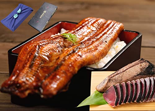 日戻り 藁焼き鰹たたき 国産特大うなぎ セット お歳暮 ギフト (風呂敷ギフト(紺/水色))
