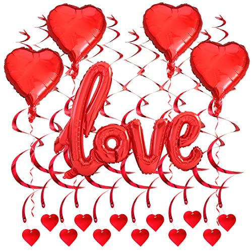 Valentinstag Dekoration Einschließlich Rot Herz und 'Love' Luftballons Hängende Wirbel Dekorationen für Jahrestag Hochzeit Single Engagement Geburtstag Party Brautdusche Romantische Ornamente Cover