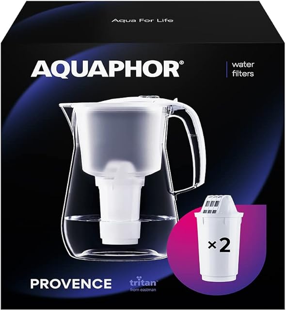 AQUAPHOR Provence Water Filter Jug 4.2L, for reduction of Chlorine and other impurities, Inc 2 x A5 Filter Cartridges with added Magnesium- Premium Water Filter jug in Glass effect. - White