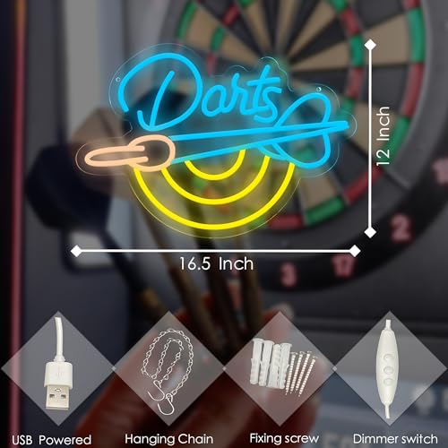 Image of Darts Neon Sign LED Neon Lights for Bar Wall Decor, Game Room, Pub, Sports Bar, Man Cave Party Decoration, Dartboard Neon Light Sign Gift for Players and Friends