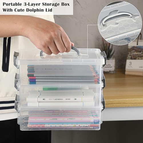 BTSKY 3 Layers Dolphin Clear Plastic Pencil Box - Multipurpose Pencil Case Craft Storage Containers with 1 Lid & Handle, Easy Carry & Stack Crayon Boxes Office Supplies Storage Organizer, Grey - Image 3