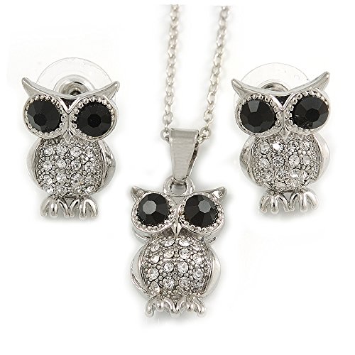 Avalaya Parure pendentif hibou avec chaîne et boucles d'oreilles à tige en cristal transparent/noir 40 cm de long et 4 cm d'extension