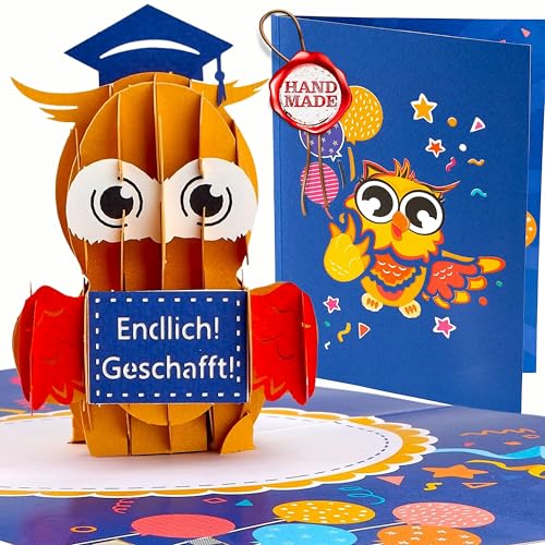 Liebessa® 3D Pop Up Karte – Eule mit Doktorhut – Endlich! Geschafft! Geschenk zum Abi, Bachelor, Master, Meister, Schulabschluss, Doktor, Uni, Abschlussprüfung (Farbig)