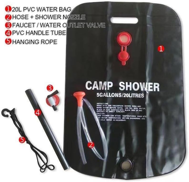 Solar Shower Bag 20L/5 Gallons – Portable Outdoor Camping Shower with Shower Head & Hose, Foldable Water Storage for Hiking, Beach, Travel, Car Wash & Pet Cleaning