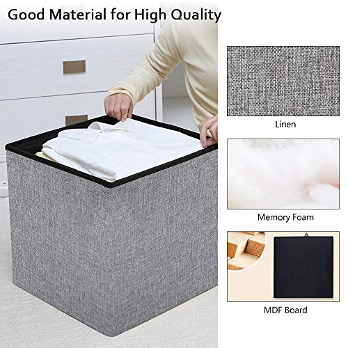 Storage Ottoman Cube 15 Inch Folding Storage Ottoman, Square Foot Stools And Ottomans Seat With Storage, Padded With Memory Foam For Space Saving, 15X15X15 Inch, Grey #TOP3