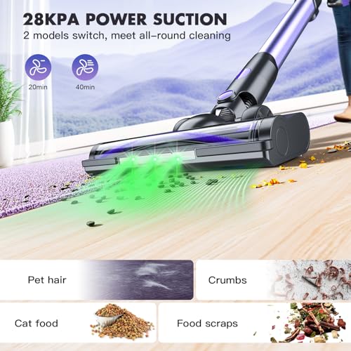Cordless Vacuum Cleaner,28Kpa Strong Suction,Wall Mounted Charging,Removable Battery,Green Light to Show Dust,Low Noise Handheld Vacuum Cleaner,Suitable for Carpets,Pet Hair, Hard Floors, Dark Purple