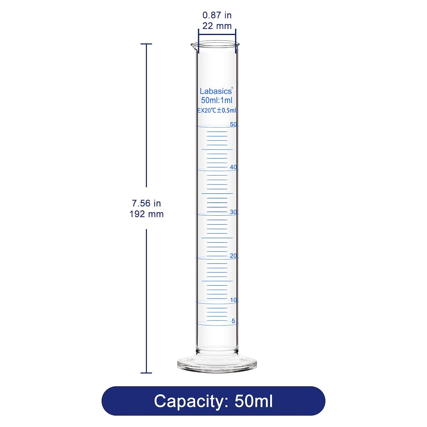 Labasics 1-Pack 50 ml Borosilicate Glass Graduated Cylinder, Heavy-Duty Measuring Cylinder for Laboratory Use