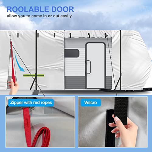 Jifunull Travel Trailer Cover, 500D Rip-Stop Windproof Rv Cover Fits 30'-33' Motorhome, Upgraded Anti-Uv & Waterproof Camper Cover With Tire Covers, Windproof Straps, Tongue Jack Cover, Gutter Covers #TOP4