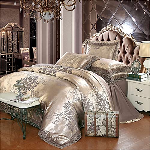 Kehaioo Luxury Satin Jacquard Bedding Set, Queen King Size Bedsheet Bed Set, 4Pcs Gold Silver Cotton Silk Lace Duvet Cover Sets #TOP2
