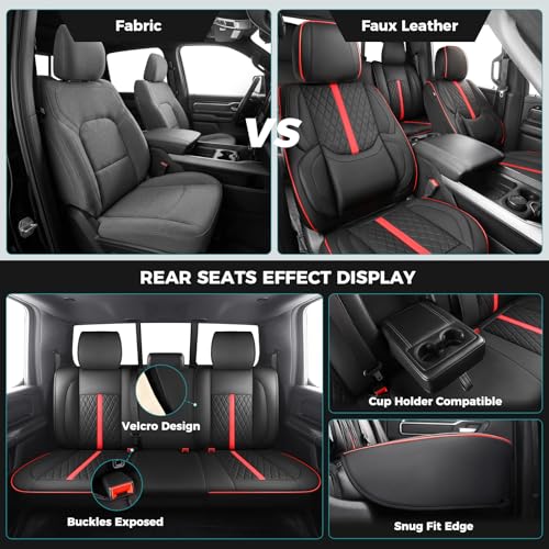 Image of Seat Covers for 2019-2026 Dodge Ram 1500 /2500 /3500, Flat Bench | lumbar padded, premium waterproof leather, full coverage, anti-slip, storage pockets, long-term durability, airbag compatible