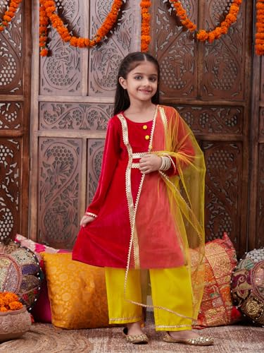 Image of Pspeaches Girls Ethnic Green & Pink Velvet Full Sleeves Solid Kurta and Pant with Dupatta 3 Piece Set