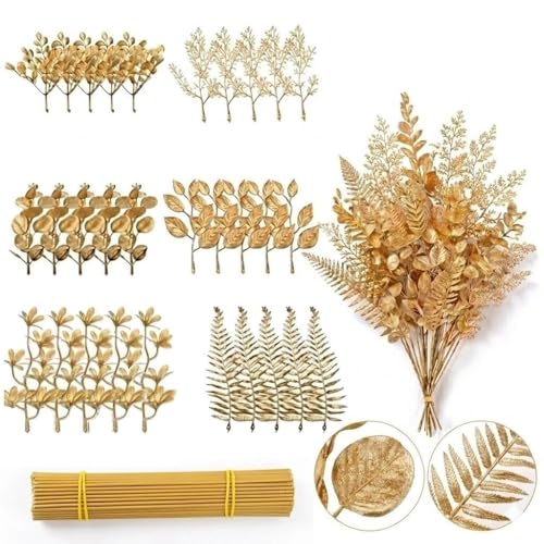TaiZhiBeFn 30Pcs Gold Leaves Decor with 30 Extension Stems Gold Artificial Leaves Floral Picks Leaf Stems for Wedding Bouquets Christmas Tree Wreaths Vases DIY Crafts