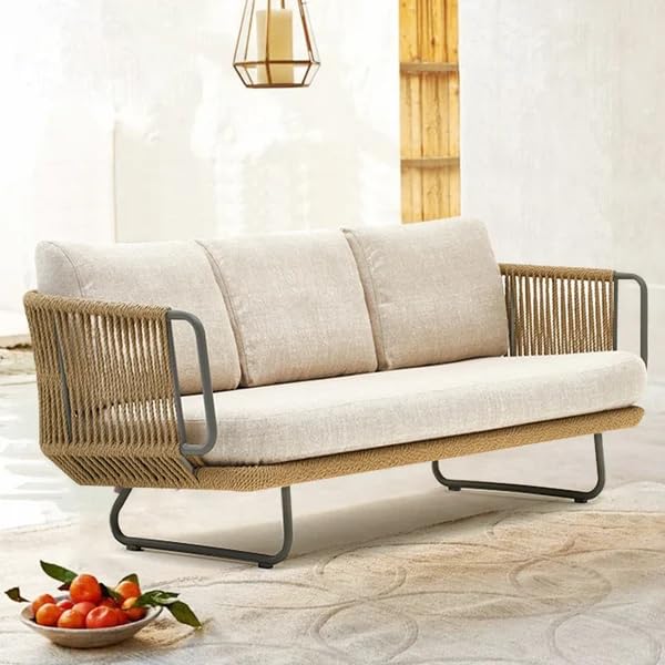 Image of 3 Seater Sofa Antique Design Rope Furniture Set and Center Table with Cushions for Living Room Outdoor Indoor Roof top Garden (Beige and White)