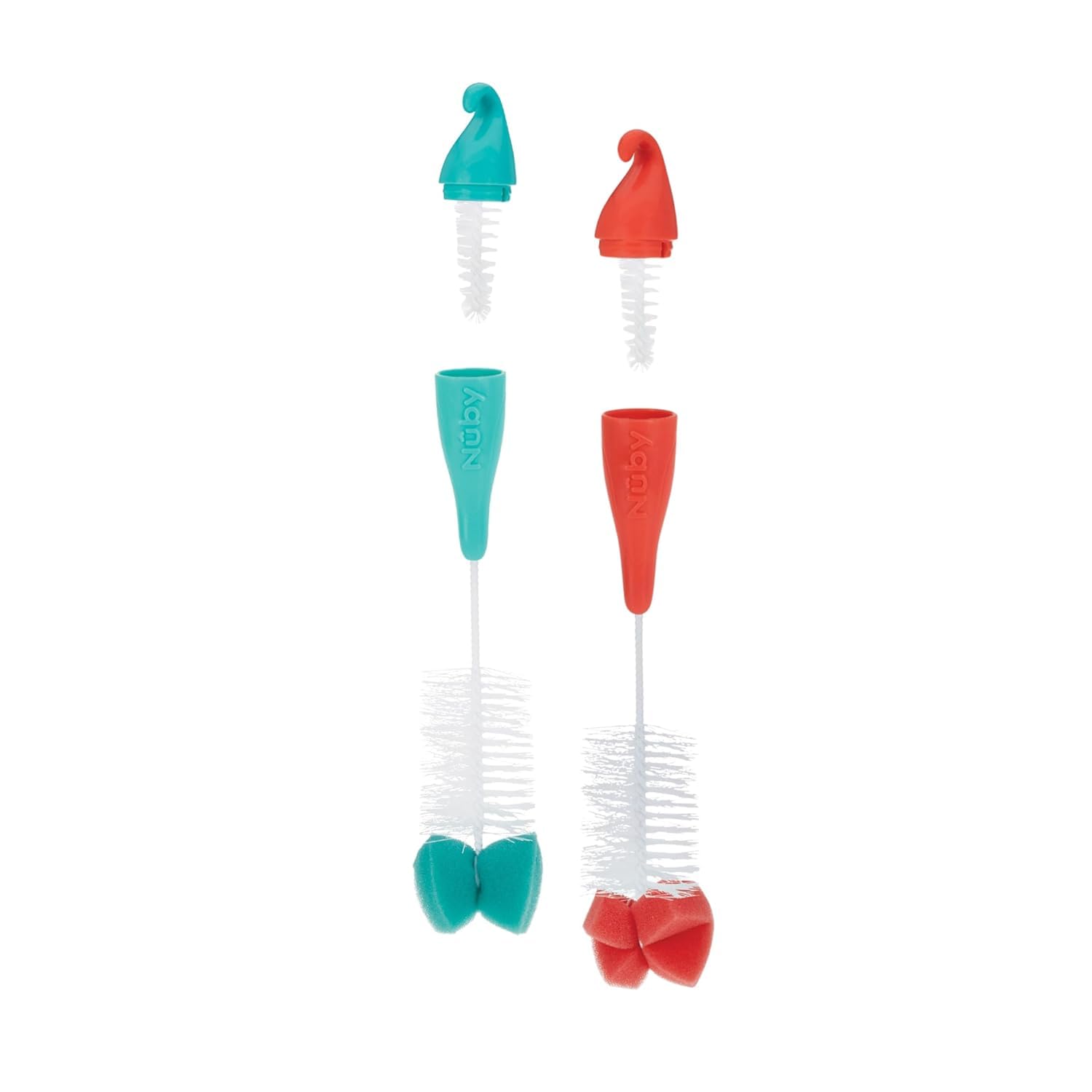 Nuby Confezione da 2 spazzole per biberon e capezzoli con punta in spugna, i colori possono variare