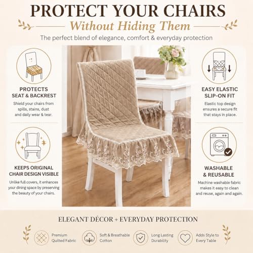 Image of HOMETHREADS Vintage Dining Chair Protector Cover, Quilted Cotton with Lace Frills, Easy Slip-On Design, Protects Seat & Backrest While Keeping Chair Visible, Washable & Reusable, Khaki (Pack of 1)