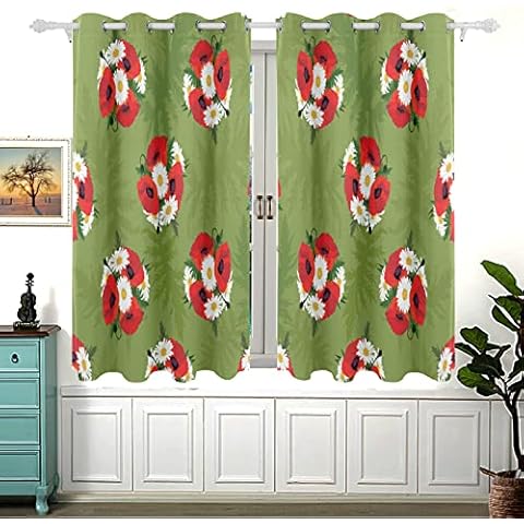 Red Poppies Floral Pattern Flower Flourish Garden Texture Blackout Curtains Darkening Thermal Insulated Polyester Grommet Top Blind Curtain for Bedroom, Living Room,2 Panel (55W x 84L Inch) Cover