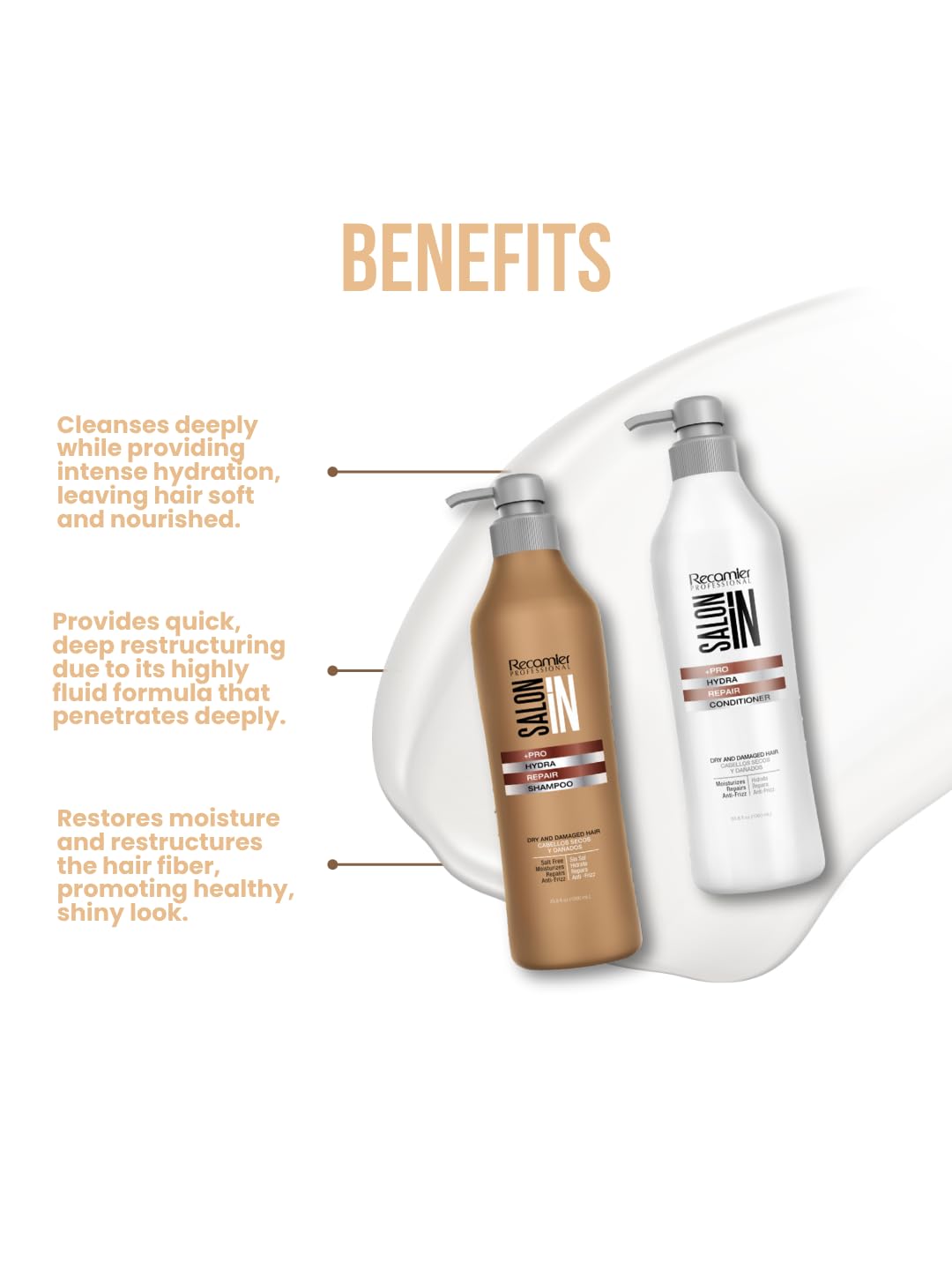 Salon In by Recamier | Hydra Repair Hair Shampoo & Conditioner Set (33.8 fl oz / 1000 ml) | Dry And Damaged Hair