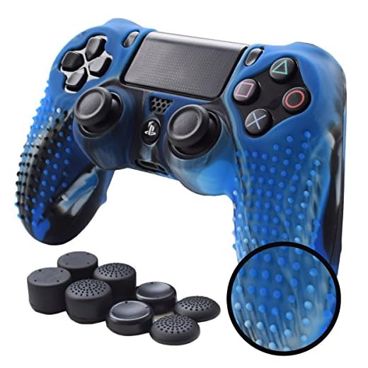 Pandaren PS4 Controller Skin Studded Anti-Slip Silicone PS4 Controller Cover Set for PS4 /Slim/PRO Controller(CamouBlue Controller Skin x 1 + FPS PRO Thumb Grips x 8)