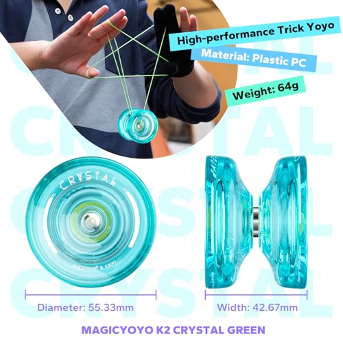 Image of MAGICYOYO K2 Crystal Professional Finger Spin Yoyo, Responsive Yoyo for Kids 8-12 & Beginners, Durable PC Plastic Yo-yo, Includes 12 Yo yo Strings, Glove & Bag (Crystal Green)
