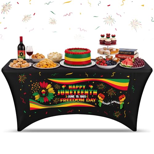 HunnmingRe 6ft Happy Juneteenth Spandex Tablecloth June 19th 1865 Freedom Day Decorations American Independence Day Table Cover Elastic Resistant Stretch Table Cloth for Home African Party Supplies