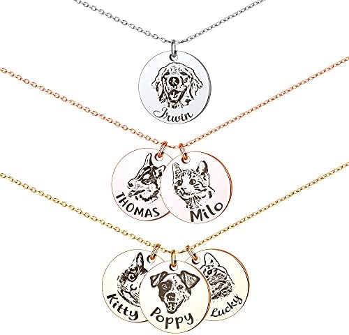 Anavia Personalized Pet Portrait Necklace, Handmade Pet Dog Cat Memorial Jewelry Gift, Customized Round Disc Photo Engraved Necklace Pet Gifts for Animal Lover Dog Mom(1 Disc, Silver)