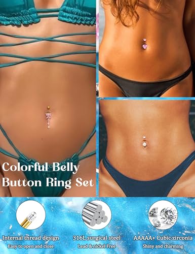 YADOCA Gold Belly Button Ring Navel Piercing Jewelry - Surgical Steel Dangle Belly Rings for Women 14G Dainty Colorful Pink Belly Button Piercing Gold Silver Tone3