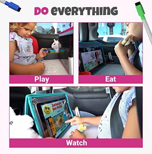 Image of Kids Travel Tray with Dry Erase Board - Car Seat Tray for Kids Travel, Carseat Table Top for Toddler, Lap Desk for Car Seat, Activity Organizer & Snack Holder, Road Trip Essentials for Kid (Pink)