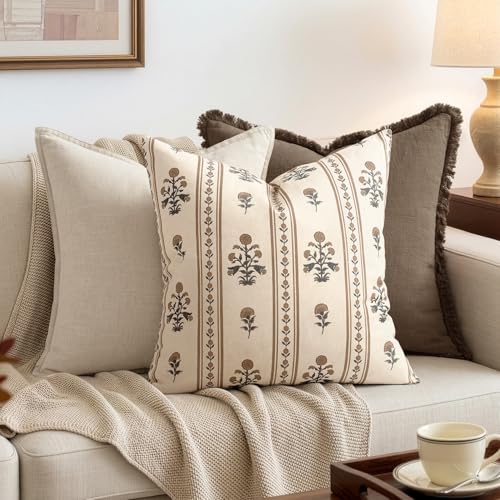 SWANCOCO Striped Floral Throw Pillow Covers 18x18 Inch Set of 2 Brown - image 3