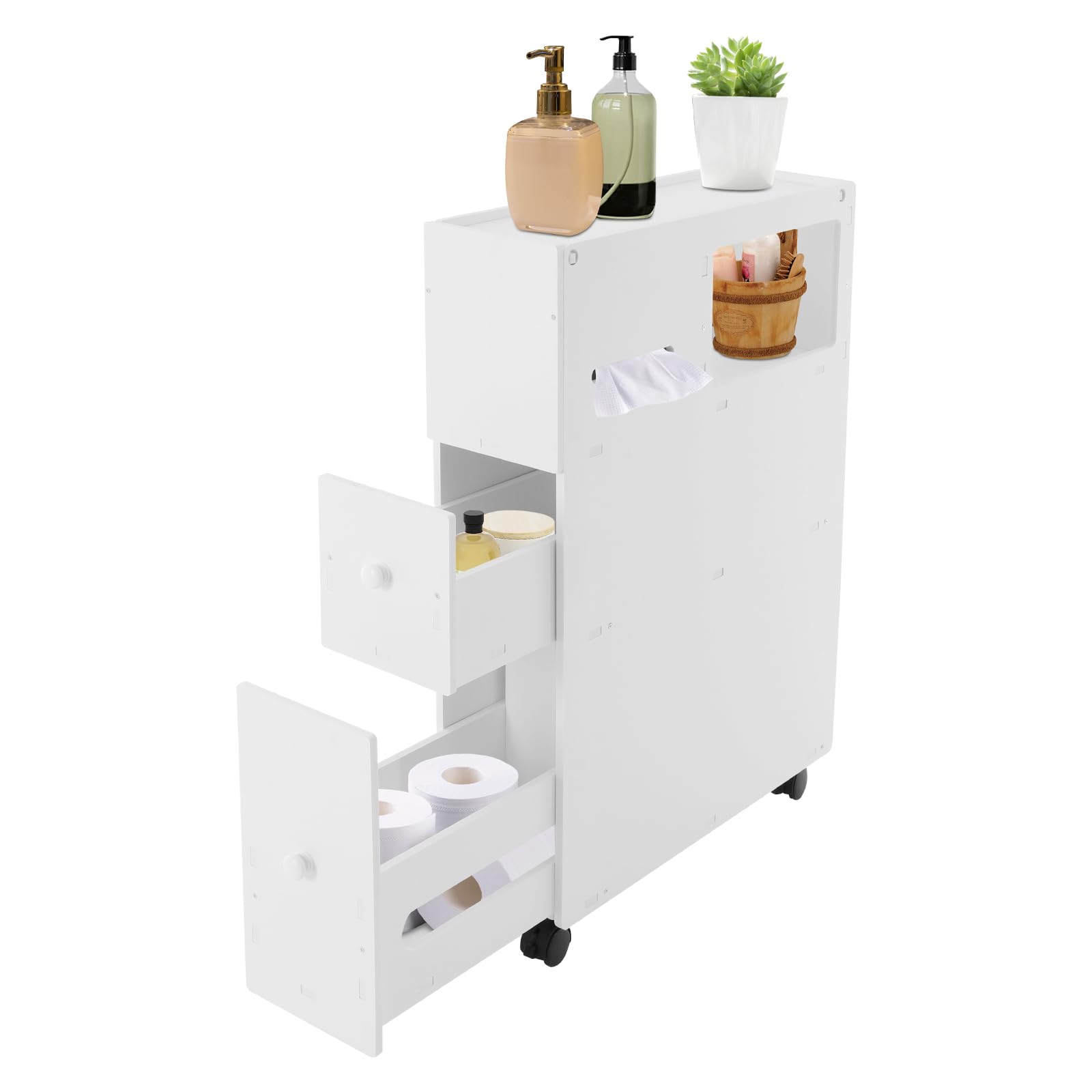 BENTFL Narrow Floor Bathroom Storage Cabinet, Free Standing Toilet Paper Holder Stand with Drawers and Wheels, Bathroom Organizer for Small Spaces,