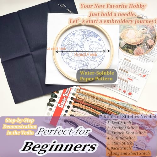Image of FONNUY Sea Turtle Floral Embroidery Kit, Cross Stitch Kits for Beginners, Handmade Crafts with Printed Patterns for Adults, Easy to Follow Color Thread Needlework, 8'' Hoop (Dancing Turtle)