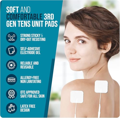 Image of TENS Unit Electrode Pads 2x2 inch - 8 Pack (4 Pairs) 50 Reusable Uses, 2mm Pin Replacement Pads, High-Conductivity Carbon Film, Latex-Free Hydrogel, CE & RoHS Certified, for AUVON, TENS 7000, Etekcity