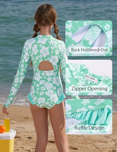 Image of GRACE KARIN Girls One Piece Swimsuits Long Sleeve Bathing Suits Swimwear 5-14Y