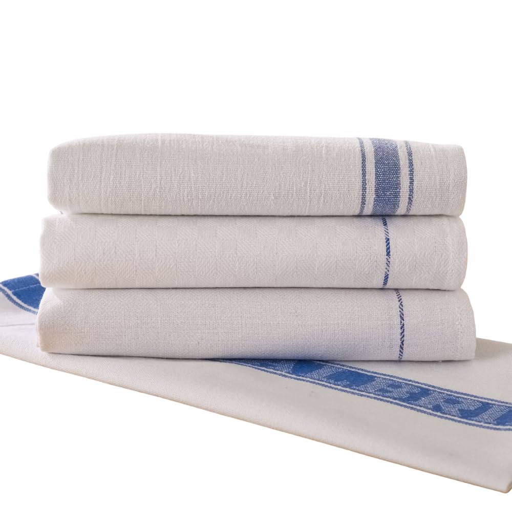 Vision Linens White Kitchen Essential & Commercial Catering Professional Quality Blue Stripe Border Design Waiter/Waitress Cloth, 100% Cotton, Hard-Wearing, 45 X 70Cm, 18 X 28”
