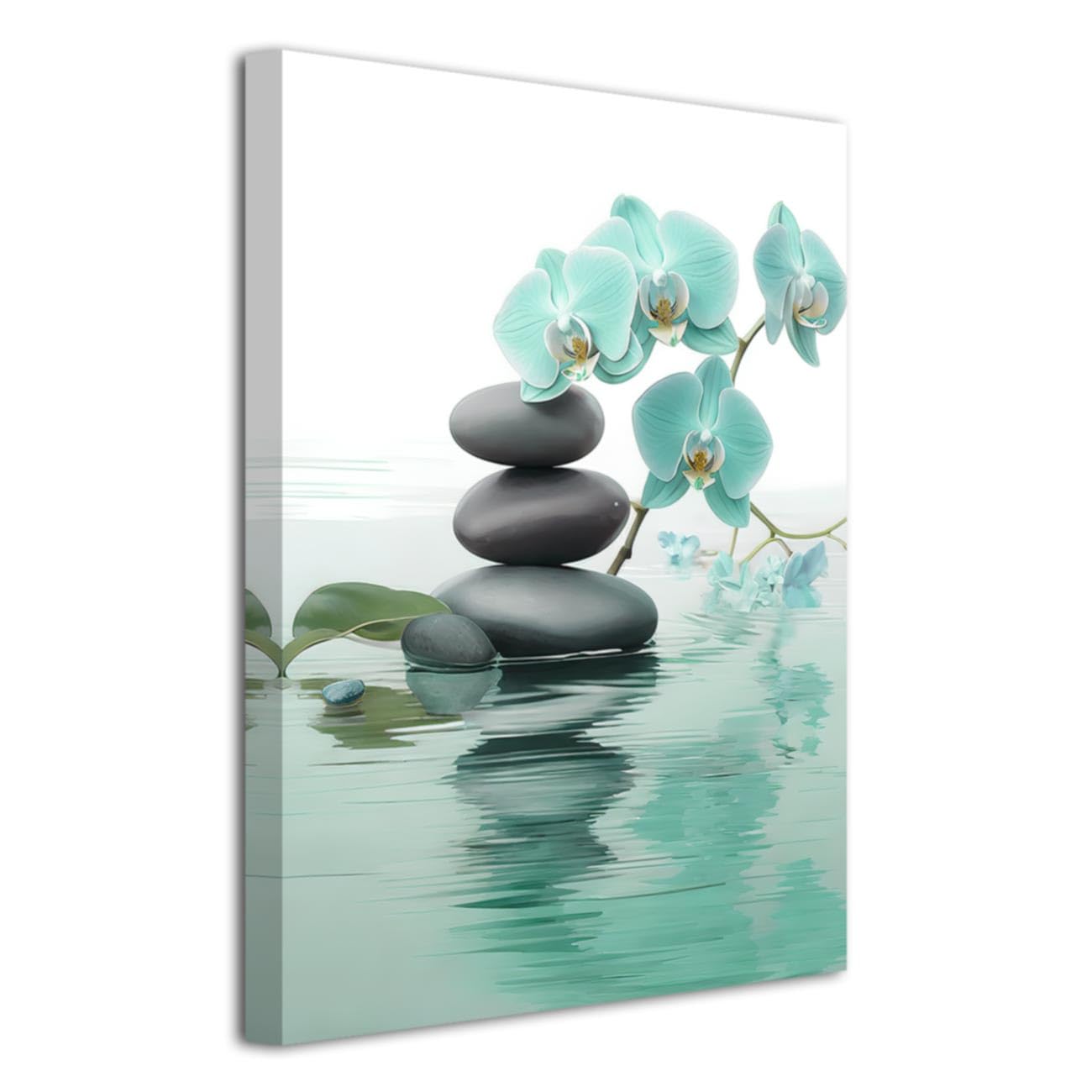 LZIMU Zen Bathroom Wall Art Orchid Flower with Zen Stones Pictures Spa Painting Still Life Canvas Prints for Meditation Spiritual Room Decor Framed (Teal, 18L x 12W)