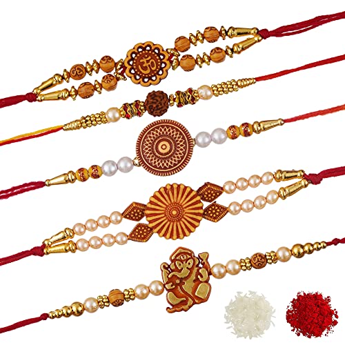 Image of eCraftIndia Red Blue Round Designer Rakhi for Brother Bhaiya Bhai | Roli Chawal Pack | Rakhi Combo