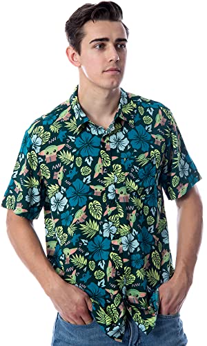 Star Wars Men's The Mandalorian Grogu Baby Yoda Leaves Hawaiian Button Up Shirt